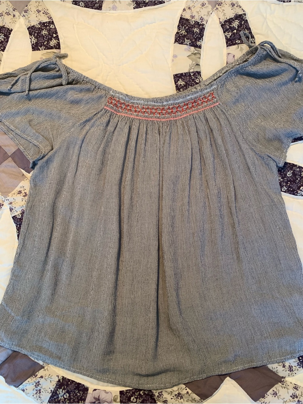 Maurices Off-Shoulder Smocked Yoke Top with Red Stitching